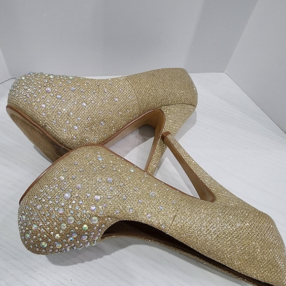 Delicacy Gold Rhinestone Platform Heels - Picture 9 of 12